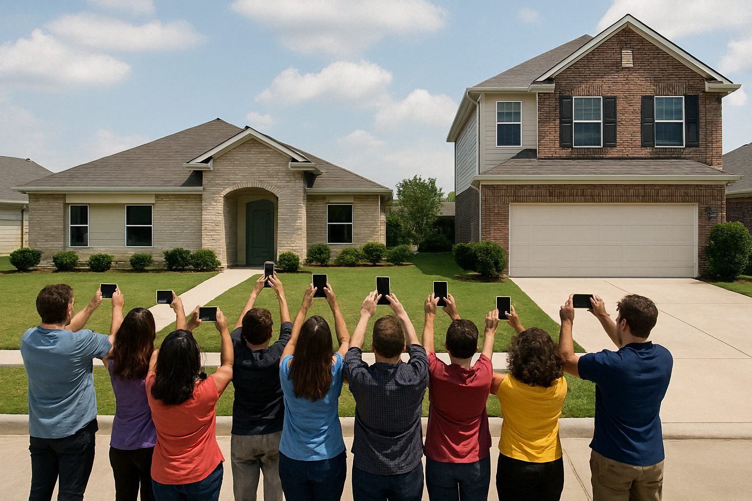 A group of diverse people taking photos of a modern single-story home, while a traditional two-story home stands beside it, highlighting the popularity and appeal of single-level living.