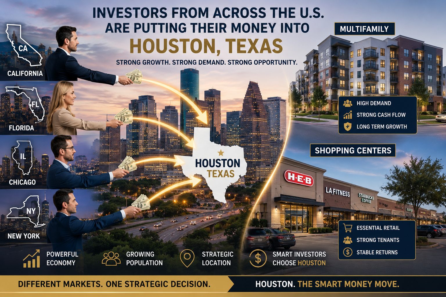 Graphic showing the Houston skyline with multifamily apartments and shopping centers as investors from California, Florida, Chicago, and New York direct money into Houston commercial real estate opportunities.